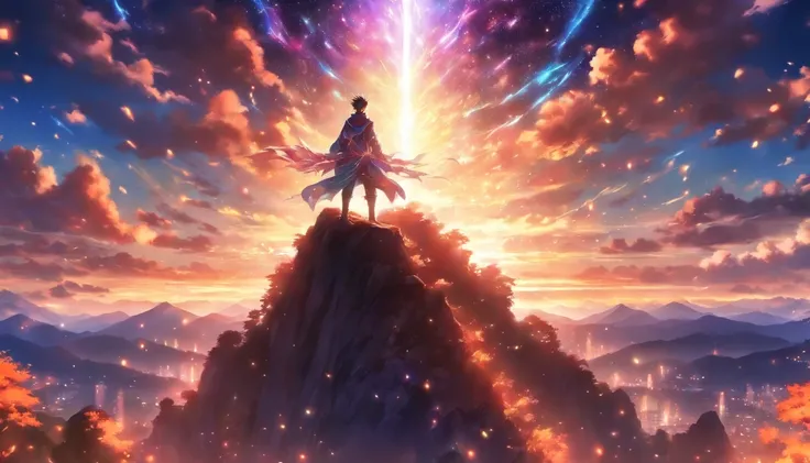 A young and handsome man standing on a magnificent mountain peak, surrounded by a mysterious glow. He raises his hands and summons a dazzling beam of light that illuminates the sky. His body exudes a sacred and majestic aura.,in the style of the stars art ...