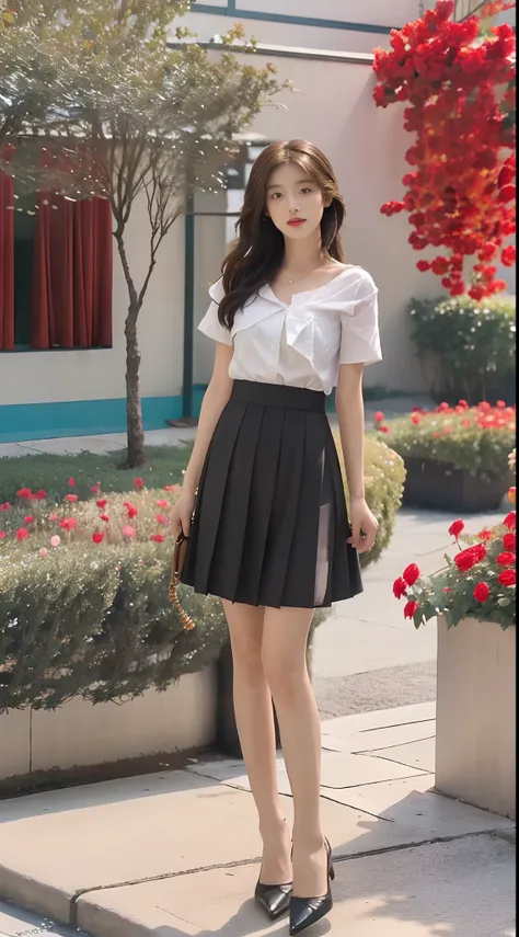 ((best qualtiy, 8K, Masterpiece Masterpiece: 1.3)),（full bodyesbian：1.5），A cute beauty with a perfect figure: 1.4, Slim， ((Brown hair black)) , (pleatedskirt，white short sleeve shirt，Black heels，school uniform，Full chest，Golden ratio figure，Highly detailed...