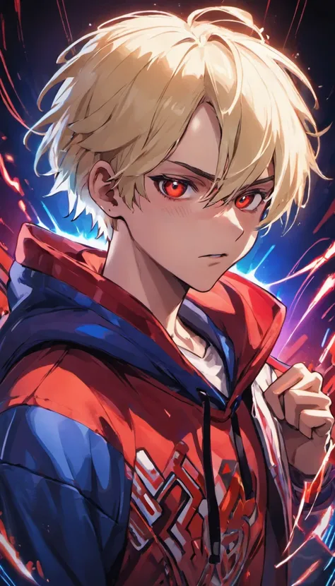 Closeup photograph, confident young cyberpunk boy with blonde and white hair , wearing a hoodie with red and blue designs on it, in a inside podcast room, photorealistic, cinematic lighting