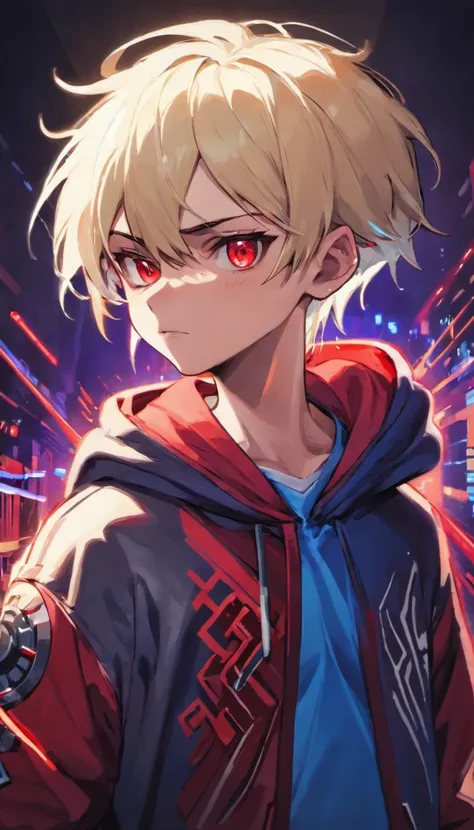 Closeup photograph, confident young cyberpunk boy with blonde and white hair , wearing a hoodie with red and blue designs on it, in a inside podcast room, photorealistic, cinematic lighting