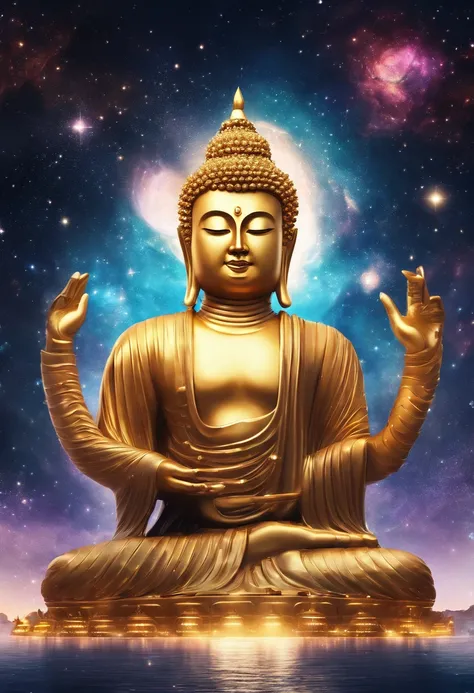 A huge golden Buddha statue stands in the Milky Way，A river of stars surrounds the Buddha statue