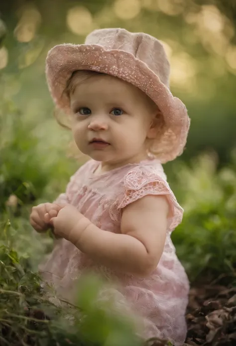 Baby carton girl sucking pacifier full body ,usando vestido rosa, cabelinho liso.     usando lacinho no cabelo olhos verdes.num.     jardim florido segurando bichinho,