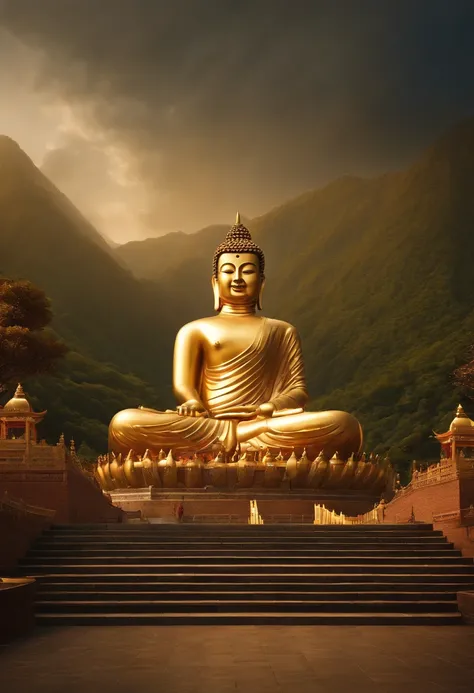 A huge golden Buddha statue stands in the mountains，Pilgrims on the road，Light smile,China-style，In the distance, surrealism, stereograms, tachi-e, Atmospheric perspective, hyper photorealism, Cinematic lighting, god light, Super detail, ccurate, Best qual...