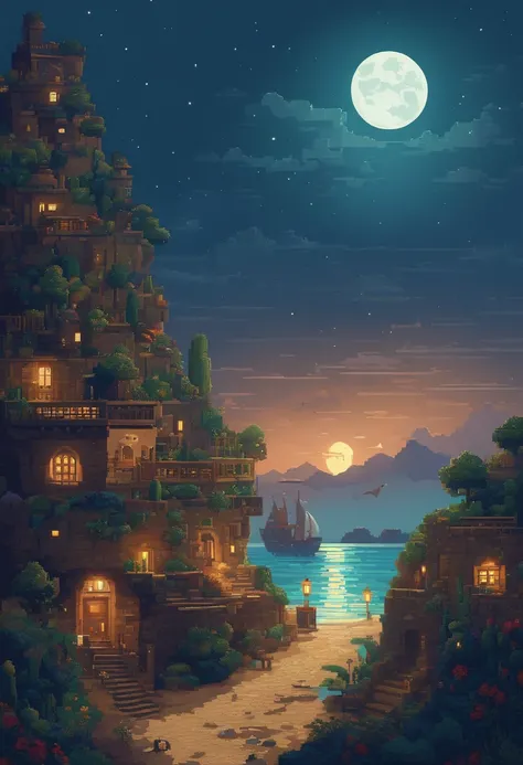 Arte pixelado de una enorme luna que se levanta sobre el mar en calma, beautiful detailed pixel art, Pixel Art detallado, Videojuego retro Lo-Fi, Concepto PixelArt, detailed pixel artwork, Estilo pixel art, Pixel City, Pixel art animation, Pixel Art de alt...