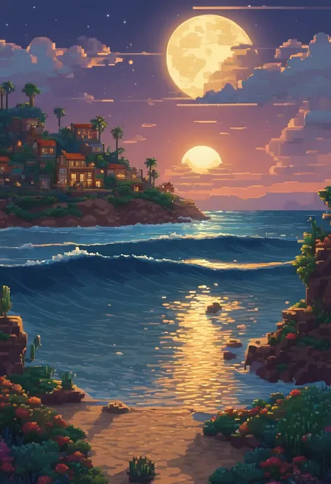 Arte pixelado de una enorme luna que se levanta sobre el mar en calma, beautiful detailed pixel art, Pixel Art detallado, Videojuego retro Lo-Fi, Concepto PixelArt, detailed pixel artwork, Estilo pixel art, Pixel City, Pixel art animation, Pixel Art de alt...