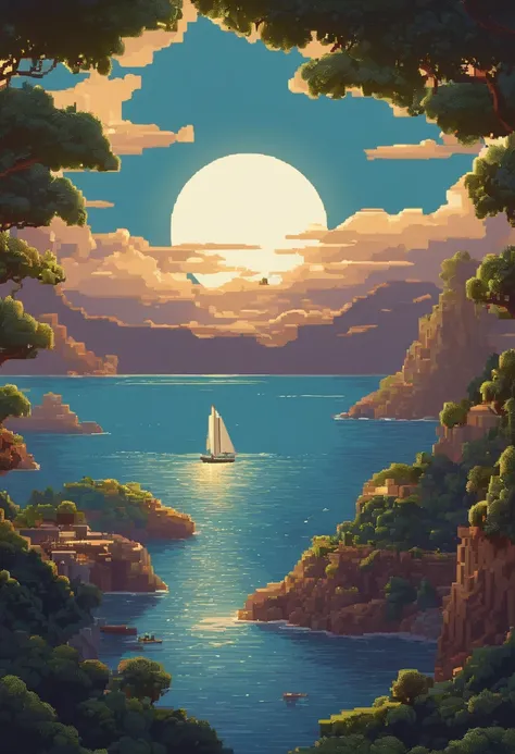 Arte pixelado de una enorme luna que se levanta sobre el mar en calma, beautiful detailed pixel art, Pixel Art detallado, Videojuego retro Lo-Fi, Concepto PixelArt, detailed pixel artwork, Estilo pixel art, Pixel City, Pixel art animation, Pixel Art de alt...