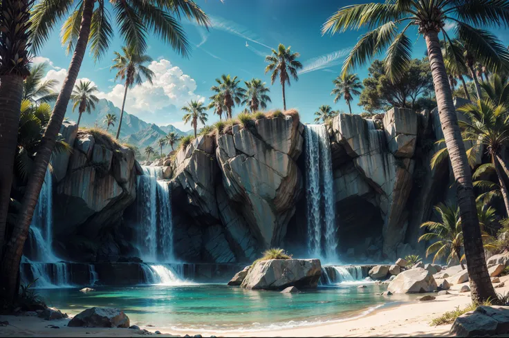 palm tree desert island, beautiful deset island, palm trees desert island, artificial waterfall, realistic detailed portrait, am...