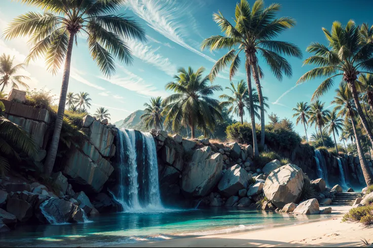 palm tree desert island, beautiful deset island, palm trees desert island, artificial waterfall, realistic detailed portrait, am...