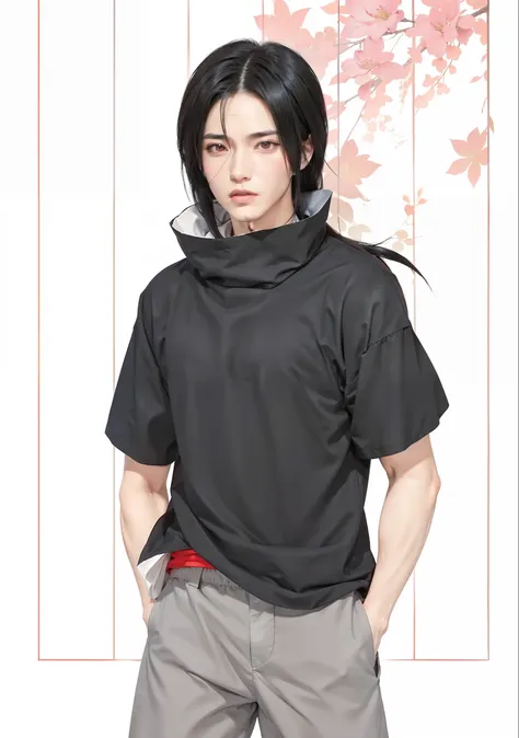 1man, uchiha itachi in anime naruto, long hair , black hair, red eyes, handsome, grey clothes, realistic clothes, detail clothes...