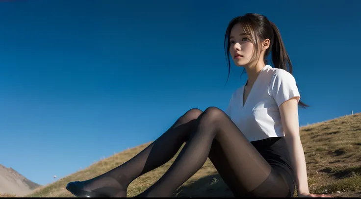 (Full body:1.5)，(1girl in:1.3),(view the viewer:1.4)，(anatomy correct:1.4),(Sitting at the top of a mountain:1.2),(Wearing a nurse set:1.2),(Opaque pantyhose:1.3),(Accurate and perfect face:1.3),(Long legs:1.3),hyper HD, Ray traching, reflective light， Str...