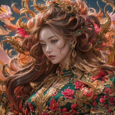 32K（tmasterpiece，k hd，hyper HD，32K）curlies，Flowing rouge，ponds，zydink， a color，  Liaoning people （Silly girl）， （Silk scarf）， Combat posture， looking at the ground，  Flowing rouge curls，Green emerald headdress， Chinese long-sleeved pink gold garment， （abstr...