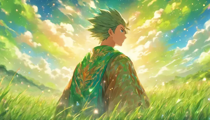 A young man wearing a magnificent robe, standing on a vast grassland with green mountains and blue sky. His face shows a hint of confusion, and his eyes reveal the fading memories of the past. ,in the style of the stars art group xing xing, 35k, best quali...