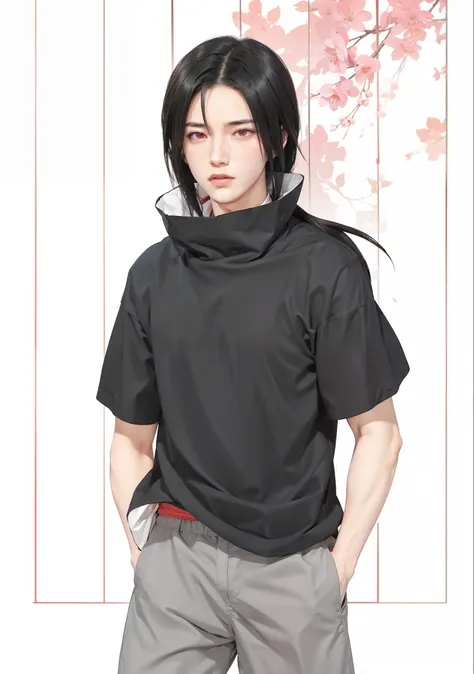 1man, uchiha itachi in anime naruto, long hair , black hair, red eyes, handsome, grey clothes, realistic clothes, detail clothes...