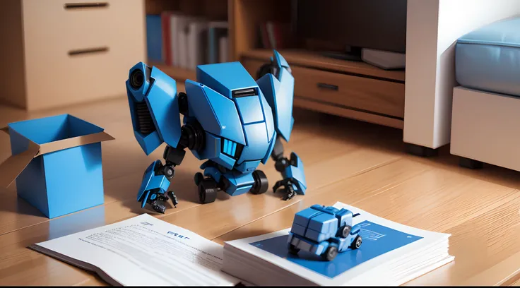 Create a small 3d blue color robot, minimalista, cartonizado, carismatico, lendo um livro