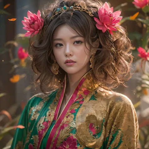 32K（tmasterpiece，k hd，hyper HD，32K）curlies，Flowing rouge，ponds，zydink， a color，  Liaoning people （Silly girl）， （Silk scarf）， Combat posture， looking at the ground，  Flowing rouge curls，Green emerald headdress， Chinese long-sleeved pink gold garment， （abstr...