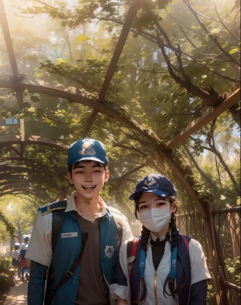 1cute girl wearing mask and cap in head,a boy beside her wearing cap,deep blue colour school uniform,smiling and shining face,silky hair,ultra realistic face,anime type,8k