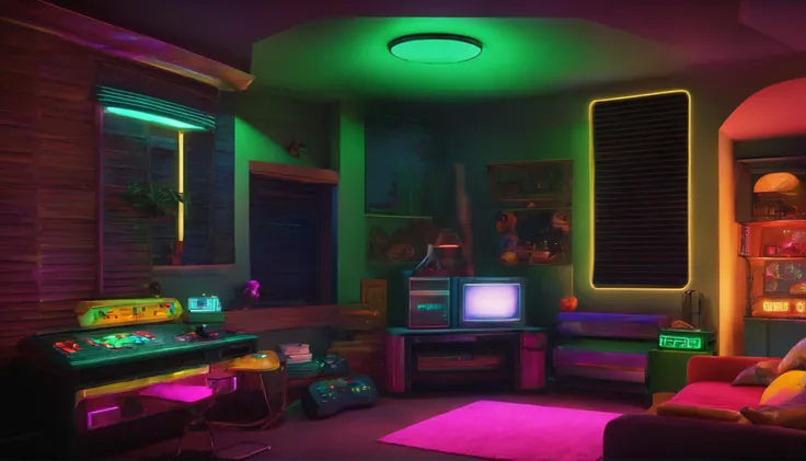 Retro videogame room, 80s style, neons, corner