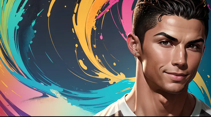 "cristiano ronaldo smiling picture is a real masterpiece with masculine beauty, perfect anatomy. Olpntng style, colorful rainbow, t-shirt design, clean design, epic Instagram, artstation, full of color paint streaks, wlop, contour. When you look at his bea...