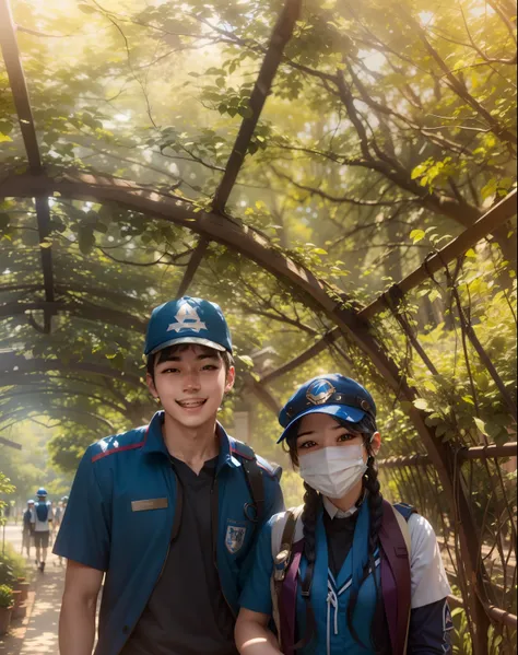 1cute girl wearing mask and cap in head,a boy beside her wearing cap,deep blue colour school uniform,smiling and shining face,silky hair,ultra realistic face,anime type,8k