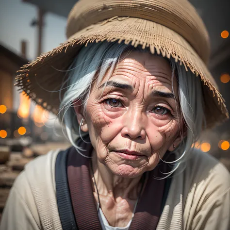 A close-up of a Vietnamese old woman face, illuminated by the light of a fire, with a backdrop of a dirty river and a shanty town. --auto --s2