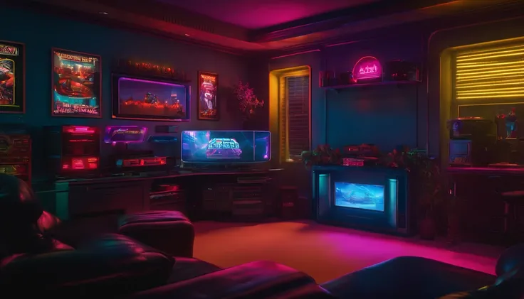 90s style videogame room, neons, cyberpunk, corner