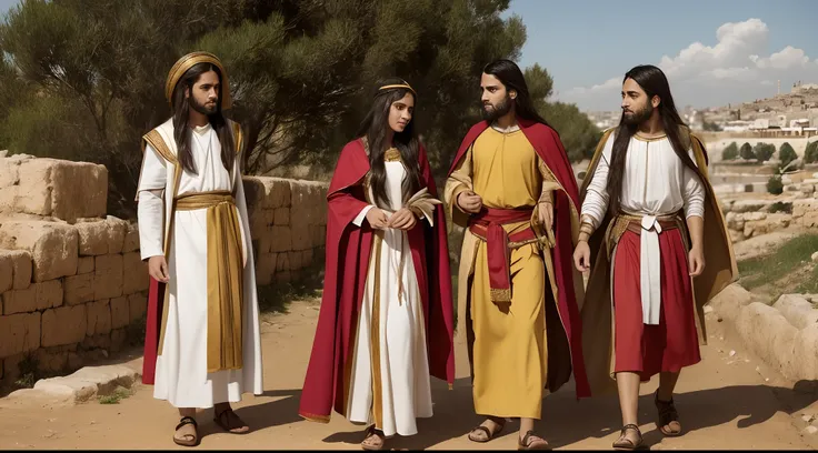 there is "a young man wearing biblical clothes, long hair, the appearance of a biblical man;" e "a young woman wearing biblical clothesbiblical womans appearance" Caminhando em Jerusalem, rostos perfeito, Detailed biblical image,