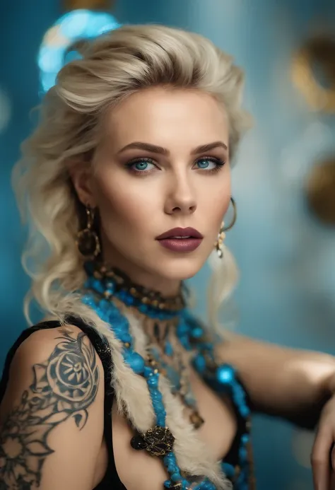 Masterpiece, Young Scarlett Johansson as a beautiful young female elf BREAK (((Short blonde Baids))) BREAK (((Tribal face Tattoos))), BREAK (((Tribal Cheek Tattoos))), BREAK (((face piercings))), (((pointy ears))) BREAK (((glowing blue eyes))), BREAK  (((F...