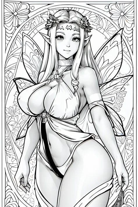 A printable black and white adult coloring page featuring a sexy fairy, clean line art