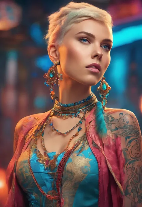 Masterpiece, Young Scarlett Johansson as a beautiful young female elf BREAK (((Short blonde Baids))) BREAK (((Tribal face Tattoos))), BREAK (((Tribal Cheek Tattoos))), BREAK (((face piercings))), (((pointy ears))) BREAK (((glowing blue eyes))), BREAK  (((F...