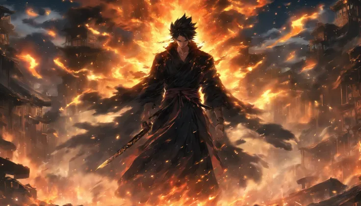 A man in a black robe, holding a sharp sword, standing in a desolate ruin, surrounded by broken buildings and burning flames, with a dark and stormy sky above, his cold and majestic gaze exuding an unbeatable power, ,in the style of the stars art group xin...