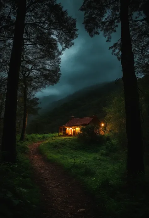 Crie uma imagem de uma casa de campo portuguesa, antiga e mal assombrada no meio de uma floresta portuguesa, Escuro, Dark forest with clouds in the night sky and lots of rain