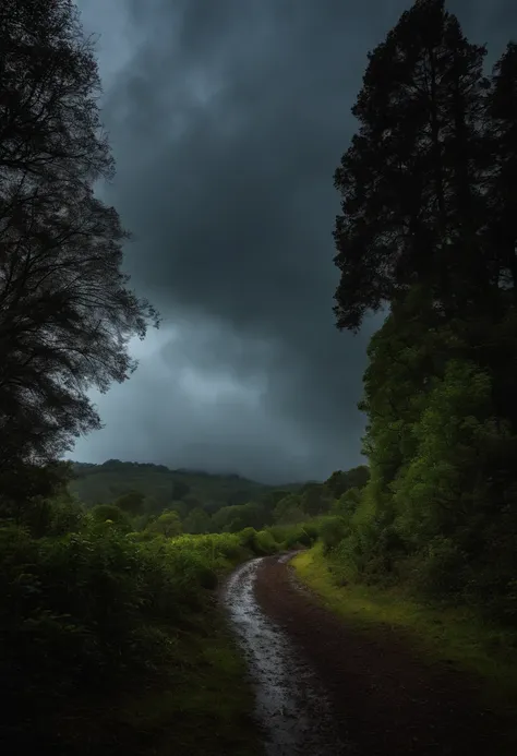 Crie uma imagem de uma casa de campo portuguesa, antiga e mal assombrada no meio de uma floresta portuguesa, Escuro, Dark forest with clouds in the night sky and lots of rain