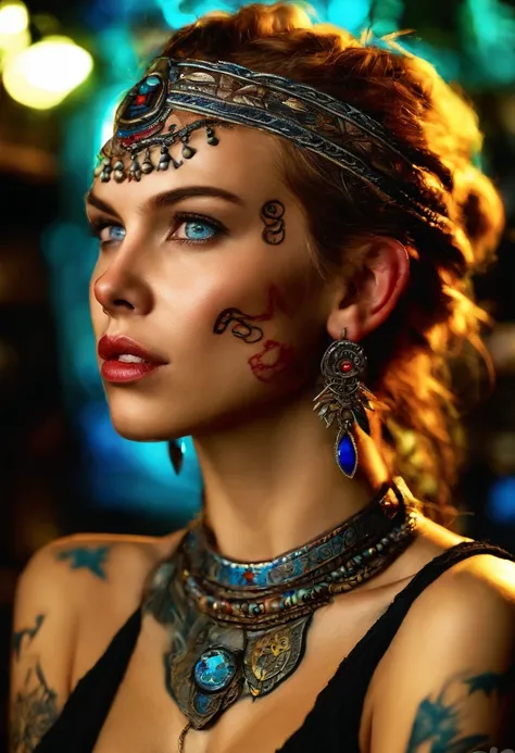 Masterpiece, Young Scarlett Johansson as a beautiful young female elf BREAK (((Short blonde Baids))) BREAK (((Tribal face Tattoos))), BREAK (((Tribal Cheek Tattoos))), BREAK (((face piercings))), (((pointy ears))) BREAK (((glowing blue eyes))), BREAK  (((F...