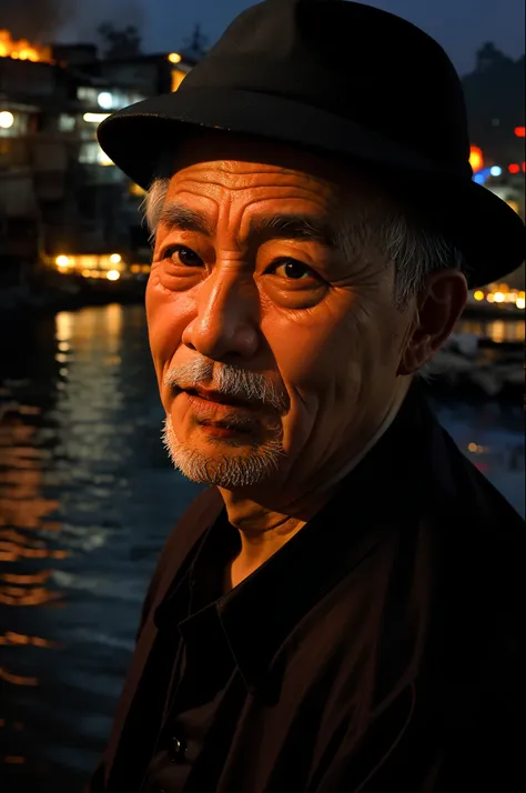 A close-up of a Vietnamese old mans face, illuminated by the light of a fire, with a backdrop of a dirty river and a shanty town.