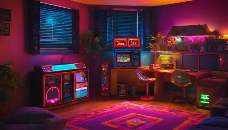 Retro videogame kid room, 90s 80s style, neons, corner