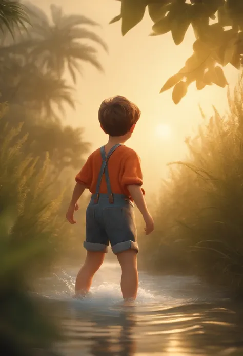 movie picture quality，Disney animation style，A little boy swims in the sea with a koi in his arms，short detailed hair，Denim suspenders，The barefoot，depth of fields，high light，Real light，Ray traching，oc rendered，Hyper-realistic，best qualtiy，8K，Works of mast...