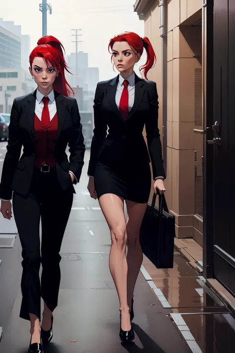 woman, red ponytail hair, wearing a black office suit, red tie,black office skirt, walking, no background