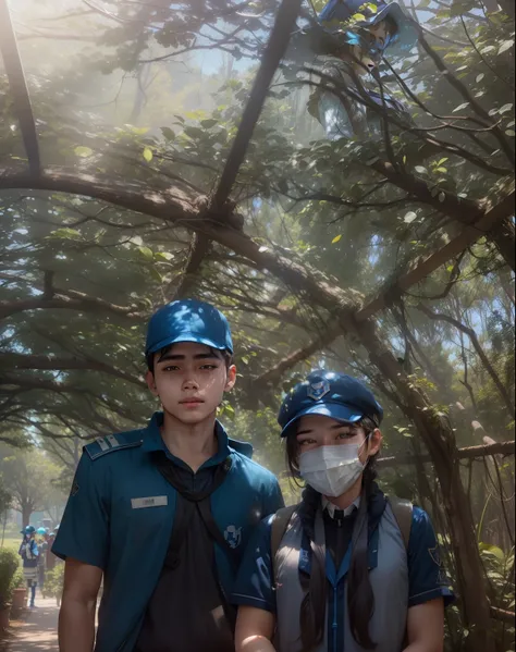 A cute girl wearing a mask and a cap on his head,A boy beside her,deep blue colour uniform,smooth and shining face,realistic face,Shiny weather,real face,8k