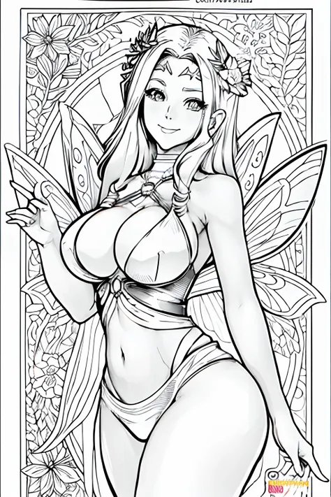 A printable black and white adult coloring page featuring a sexy fairy, clean line art