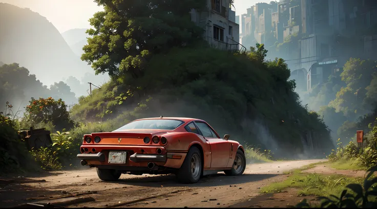 a rusty old red Ferrari  car in the foreground, a  jungle in the background, rusted car parts scattered on the ground, a chain, a gun, a dark and oppressive atmosphere, and a dramatic ambient light. spot  warm light on car , dark plants dark plants surroun...