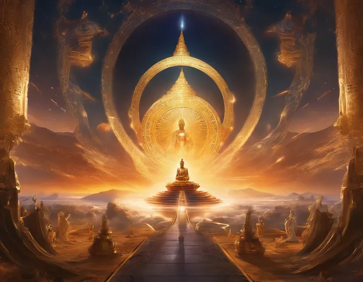 Interstellar，Endless space，The huge Maitreya Buddha statue rushed towards the huge space-time tunnel，Highly detailed portrait of a huge golden Buddha with the halo of the sun god，ssee-through，depth of fields，((Masterpiece))，(Best quality))，Magnificent spac...