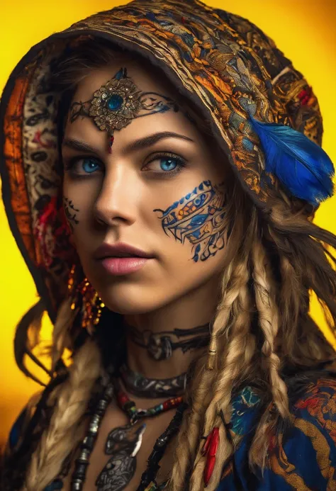 Masterpiece, Young Scarlett Johansson as a beautiful young female elf BREAK (((Short blonde Baids))) BREAK (((Tribal face Tattoos))), BREAK (((Tribal Cheek Tattoos))), BREAK (((face piercings))), (((pointy ears))) BREAK (((glowing blue eyes))), BREAK  (((F...