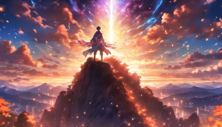 A young and handsome man standing on a magnificent mountain peak, surrounded by a mysterious glow. He raises his hands and summons a dazzling beam of light that illuminates the sky. His body exudes a sacred and majestic aura.,in the style of the stars art ...