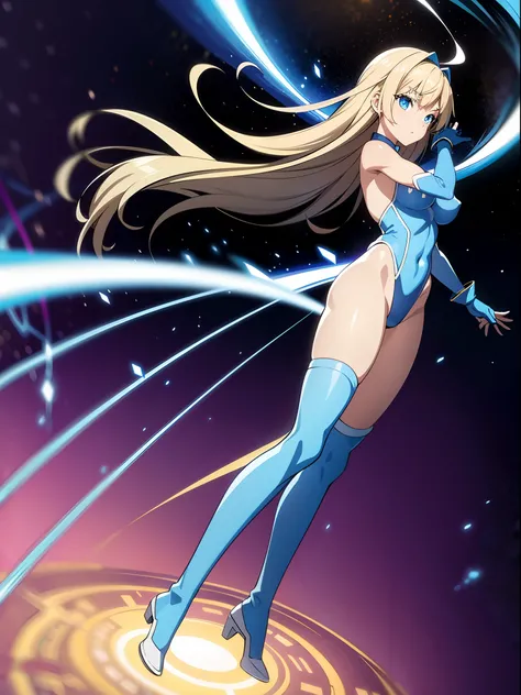 masterpiece, best quality, highres, 1girl, solo, superhero, leotard, bare legs, boots, matching boots, aura, blue aura, sleeveless, gloves, bracelets, matching gloves, looking at viewer, light particles, space backdrop, perfect hands, perfect eyes, powerin...