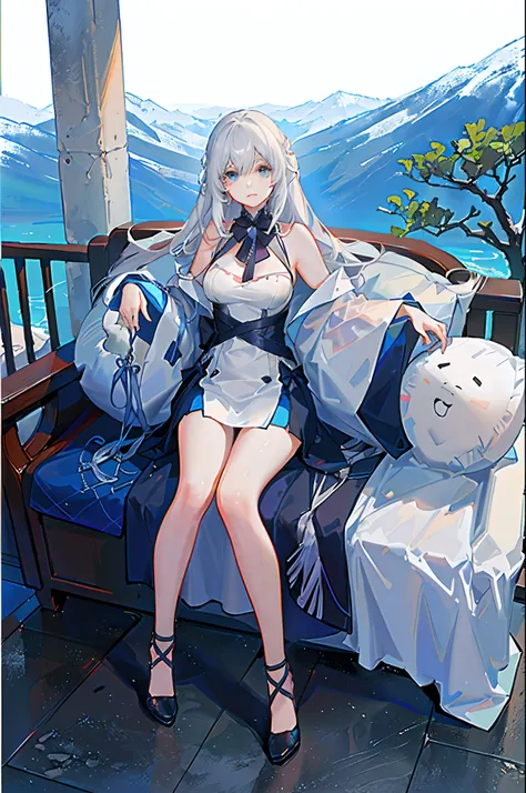 teens girl, White hair and blue eyes, Kamimei, Sit on a chair in the temple, Look down on me, face expressionless