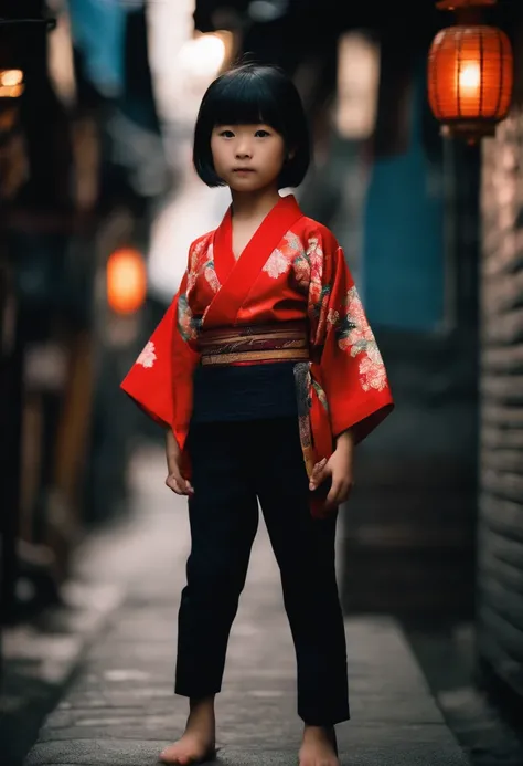 full bodyesbian, Wear colorful kimonos, 7 years old, 7 year old Japanese petite child on a dark city street, Dark and creepy streets, Petite girl, flatchest, Petite figure, Short black hair, Exposing the abdomen, midriff exposed, small tits, ((Flat chest a...