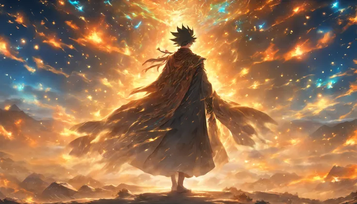 A young and mysterious man standing on a barren land in magnificent robes, surrounded by mysterious energy fluctuations, as if the whole world is under his control, ,in the style of the stars art group xing xing, 34k, best quality, masterpiece, super detai...