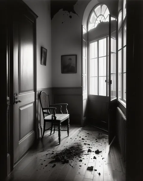 A black and white photo of a dirty floor with a chair and a bucket, Schmutz auf dem Boden, Tatort-Foto, Abgelaufener gebrannter Film aus den 1930er Jahren, Tatort, Damaged soil, Foto von schlechtem Zustand, Leichenboden, Archivfoto, 120mm black and white p...