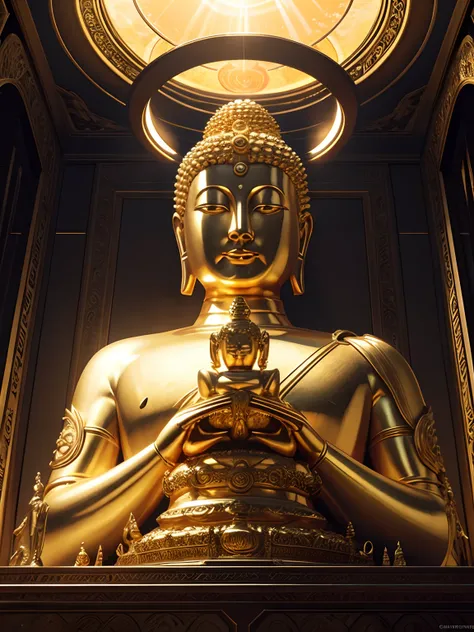 Highly detailed portrait of a huge golden Buddha with the halo of the sun god，golden colored，unreal-engine，The Art of Mark Leyden，Lost fish，Earl Nolen，globalillumination，God Ray，detailed and complex environment，Elden ring style