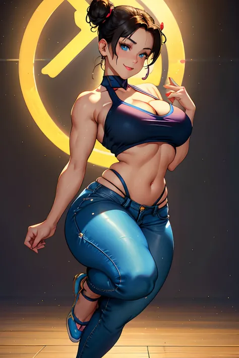 Chun Li (smiling) Street Fighter wearing ripped lowrider jeans and a crop top, art by Artgerm, anime full-body portrait of a model ((HH-size breasts, very Thick thighs, athletic build, feminine form, lythe body, black hair, twin buns, 20 years old, youthfu...